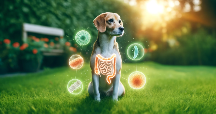 DALLE 2024 04 08 13.33.10 A visually engaging and highly realistic stock photo in landscape orientation specifically tailored for an article about gut health in dogs. The sce
