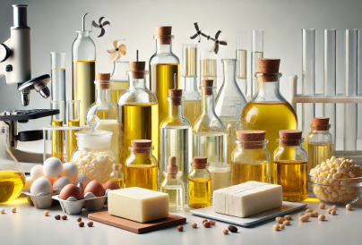 DALLE 2024 08 05 09.18.55 A collection of various oils and fats arranged on a clean white surface in a laboratory setting. The setup includes several glass bottles filled with 