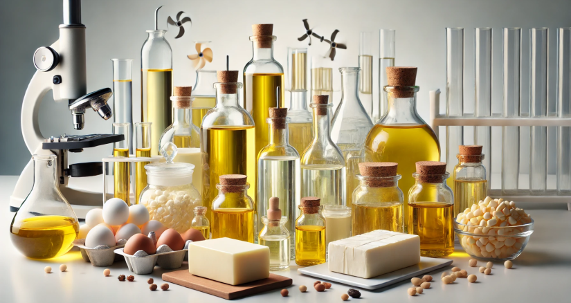 DALLE 2024 08 05 09.18.55 A collection of various oils and fats arranged on a clean white surface in a laboratory setting. The setup includes several glass bottles filled with 