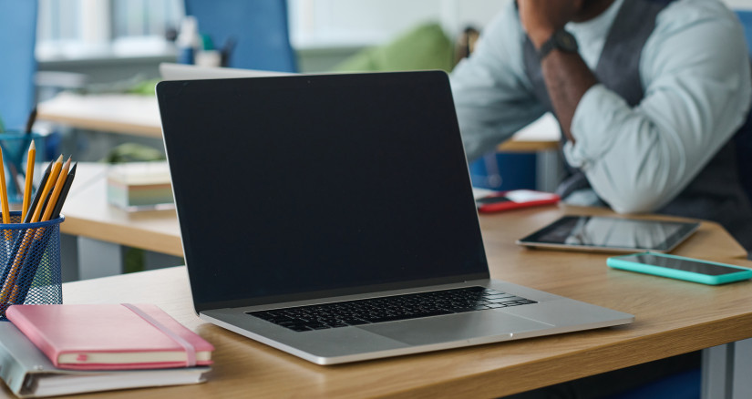 laptop with black screen on workplace of modern of 2025 03 13 12 24 06 utc